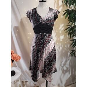 Vtg Y2K ZigZag Stripe Babydoll Crossover V-Neck Asymmetrical Tie Dress Size M